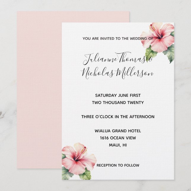 Tropical Pink Hibiscus Floral Wedding  Invitation (Front/Back)