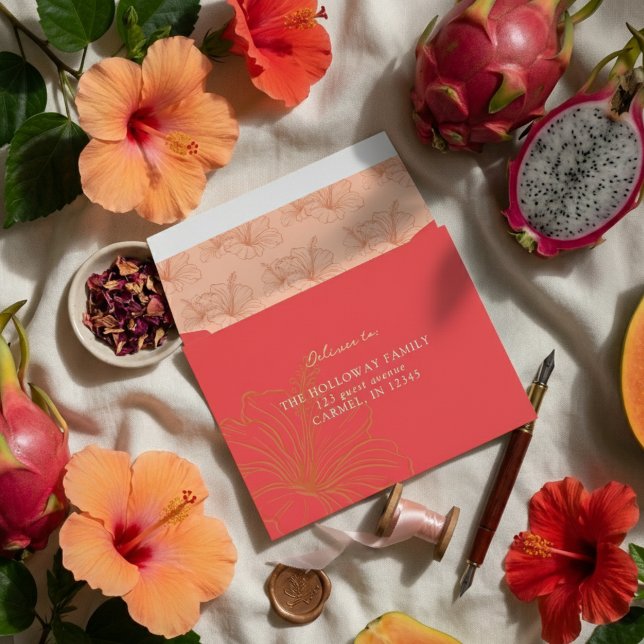 Tropical Pink Hibiscus Flower Wedding Envelope (Invite guests to your destination wedding day with this Tropical Pink Hibiscus envelopes!)