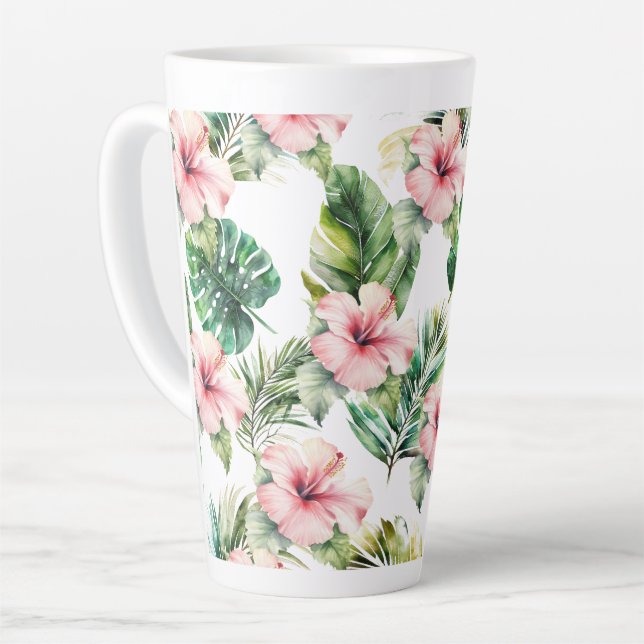 Tropical Pink Hibiscus Flowers Latte Mug (Left Angle)