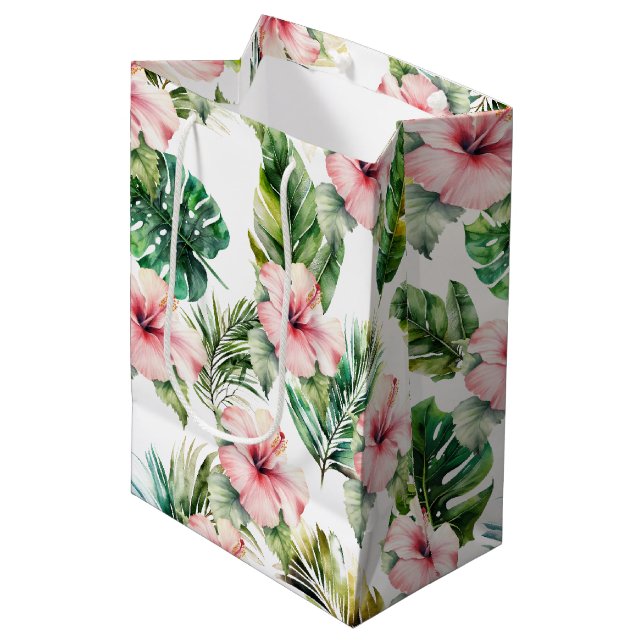 Tropical Pink Hibiscus Flowers Medium Gift Bag (Front Angled)