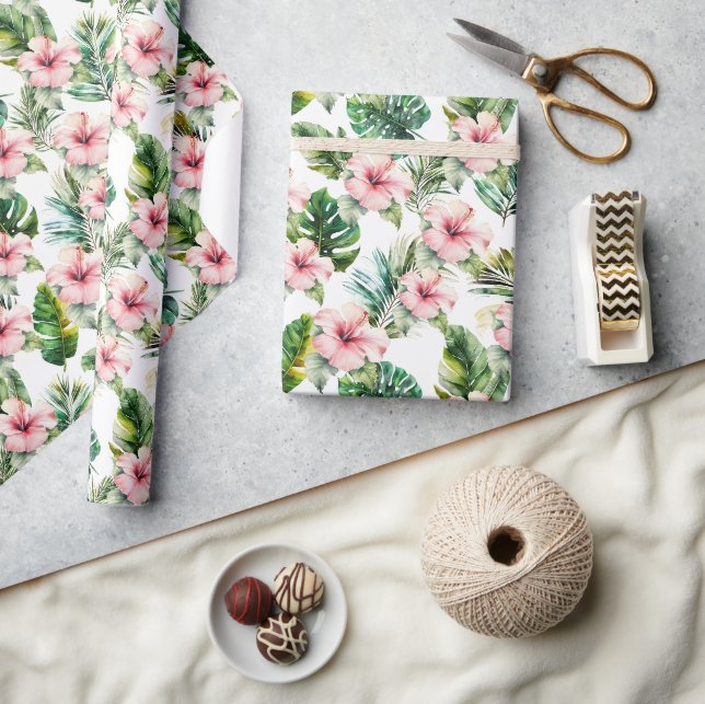 Tropical Pink Hibiscus Flowers Wrapping Paper (Crafts)