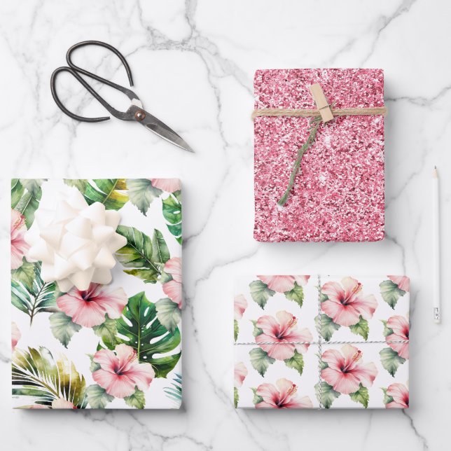 Tropical Pink Hibiscus Flowers Wrapping Paper Sheet (Front)