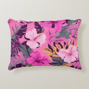 Tropical Pink Hibiscus - Leafy Floral Design Accent Pillow