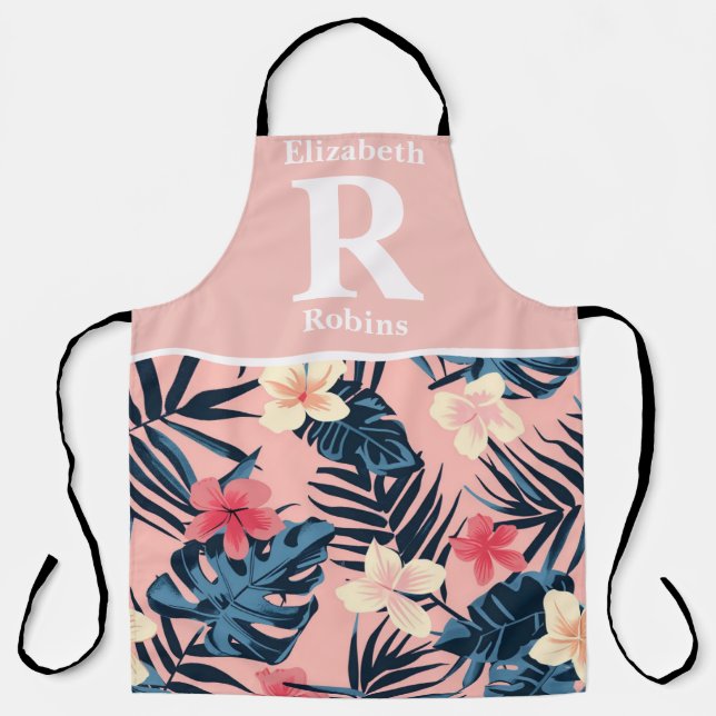 Tropical pink hibiscus personalized  apron (Front)