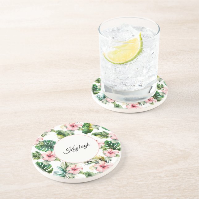 Tropical Pink Hibiscus Personalized Coaster (Side)