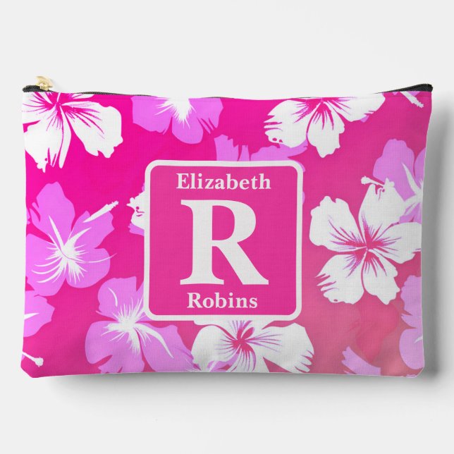 Tropical pink hibiscus personalized Monogram  Accessory Pouch (Front)