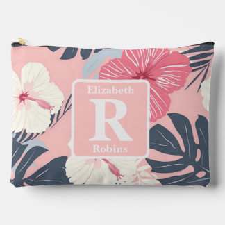 Tropical pink hibiscus personalized Monogram  Accessory Pouch