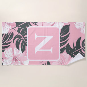 Tropical pink Hibiscus personalized Monogram Beach Towel