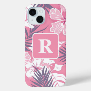 Tropical pink hibiscus personalized Monogram iPhone 15 Case