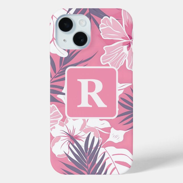Tropical pink hibiscus personalized Monogram Case-Mate iPhone Case (Back)