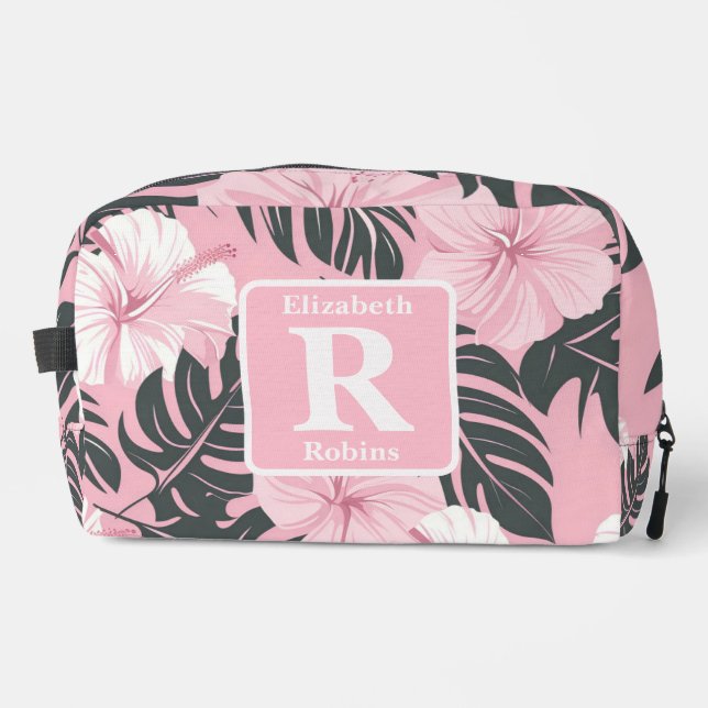 Tropical pink hibiscus personalized Monogram  Dopp Kit (Front)