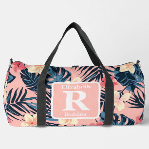 Tropical pink hibiscus personalized Monogram Duffle Bag