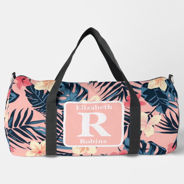 Tropical pink hibiscus personalized Monogram  Duffle Bag (Front)