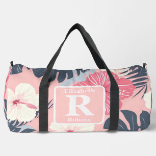 Tropical pink hibiscus personalized Monogram Duffle Bag