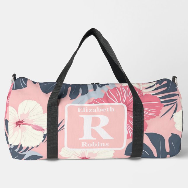 Tropical pink hibiscus personalized Monogram  Duffle Bag (Front)