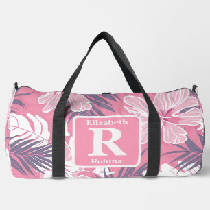 Tropical pink hibiscus personalized Monogram Duffle Bag