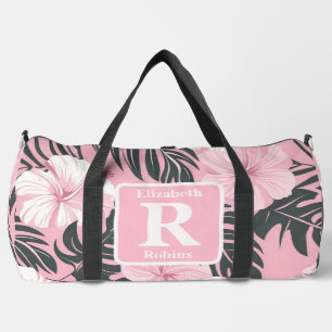 Tropical pink hibiscus personalized Monogram Duffle Bag