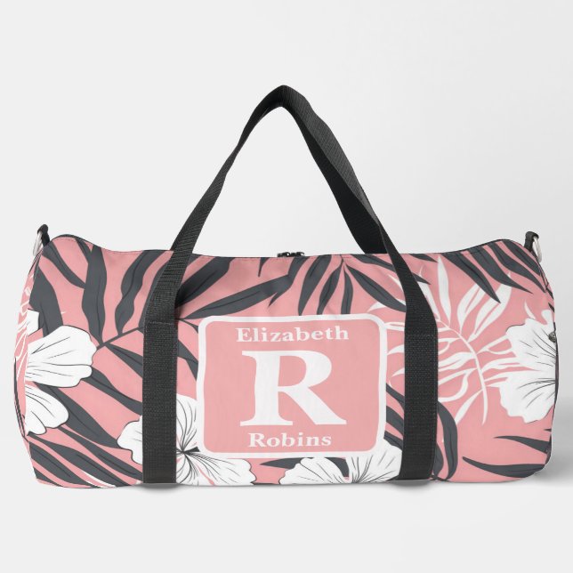 Tropical pink hibiscus personalized Monogram  Duffle Bag (Front)