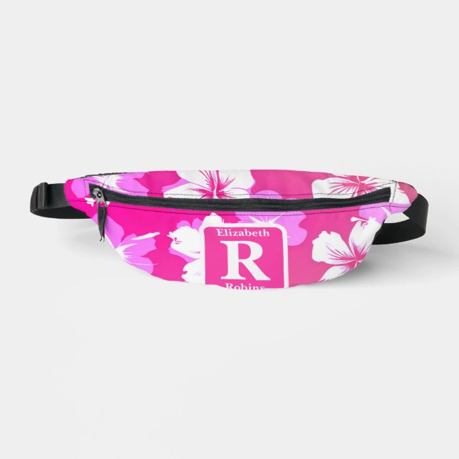 Tropical pink hibiscus personalized Monogram  Fanny Pack (Front)
