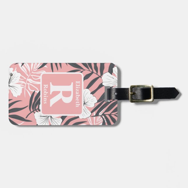 Tropical pink hibiscus personalized Monogram Luggage Tag (Front Horizontal)
