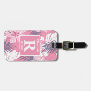 Tropical pink hibiscus personalized Monogram Luggage Tag