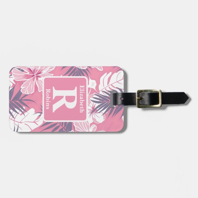 Tropical pink hibiscus personalized Monogram Luggage Tag (Front Horizontal)