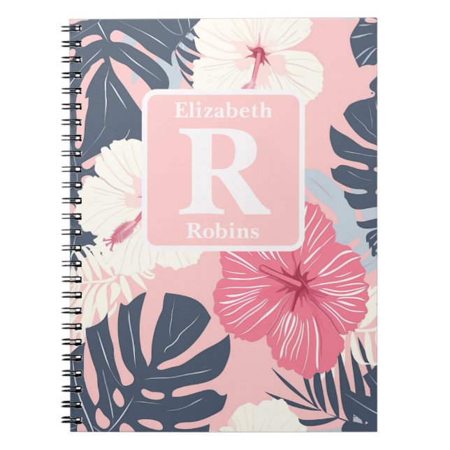 Tropical pink hibiscus personalized Monogram Notebook (Front)