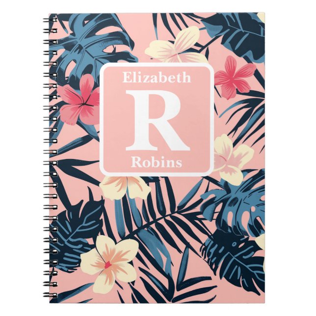 Tropical pink hibiscus personalized Monogram Notebook (Front)