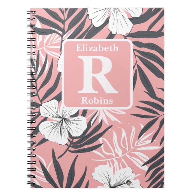 Tropical pink hibiscus personalized Monogram Notebook (Front)