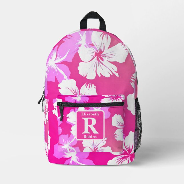 Tropical pink hibiscus personalized Monogram  Printed Backpack (Front)