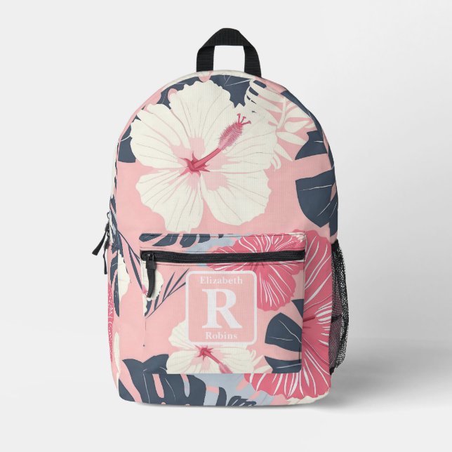 Tropical pink hibiscus personalized Monogram  Printed Backpack (Front)