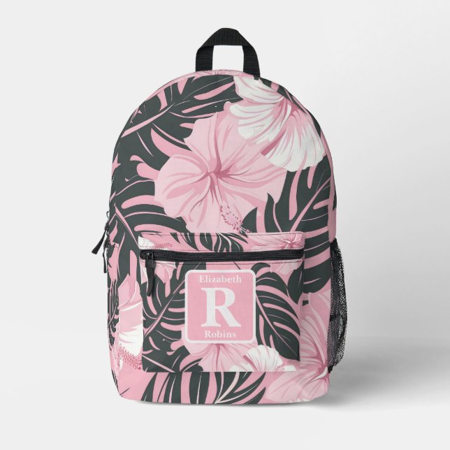 Tropical pink hibiscus personalized Monogram  Printed Backpack (Front)