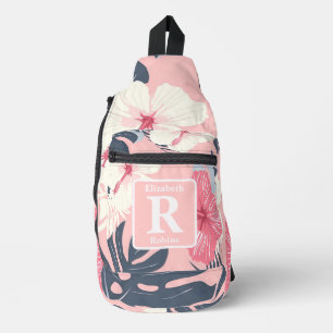 Tropical pink hibiscus personalized Monogram  Sling Bag