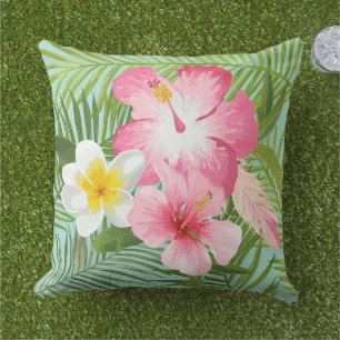 Tropical Pink Hibiscus Plumeria Palm Outdoor Pillow