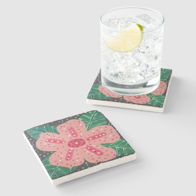 Tropical Pink Hibiscus Stone Coaster (Side)