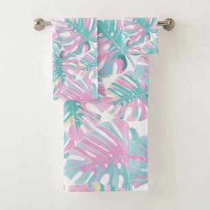 Tropical Pink Leaves Bath Towel Set