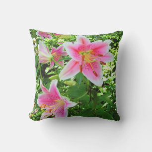 Tropical Pink Lilies and Green Leaves Outdoor Pillow