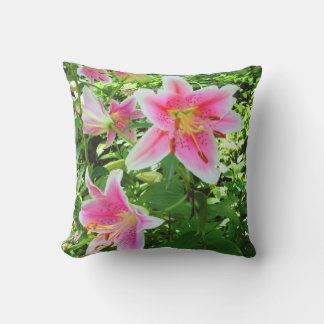 Tropical Pink Lilies and Green Leaves Outdoor Pillow