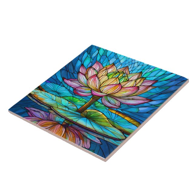 tropical Pink lotus 2 stained glass art Tile (Side)