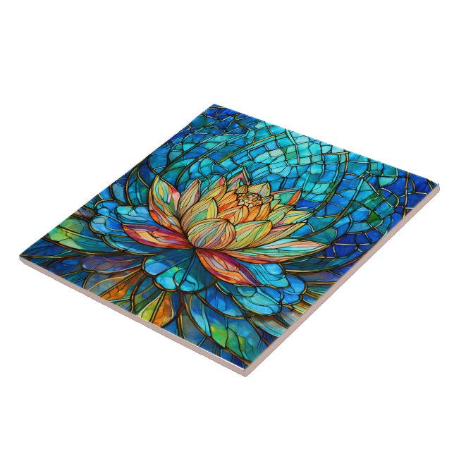 tropical Pink lotus 3 stained glass art Tile (Side)