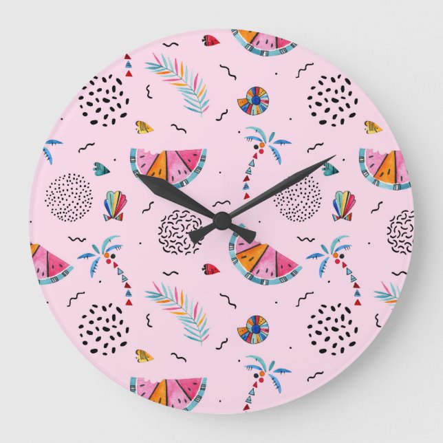 Tropical Pink Memphis Style Pattern Large Clock (Front)