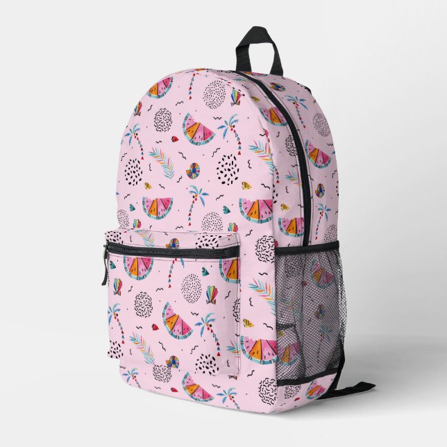 Tropical Pink Memphis Style Pattern Printed Backpack (Back Corner Right)