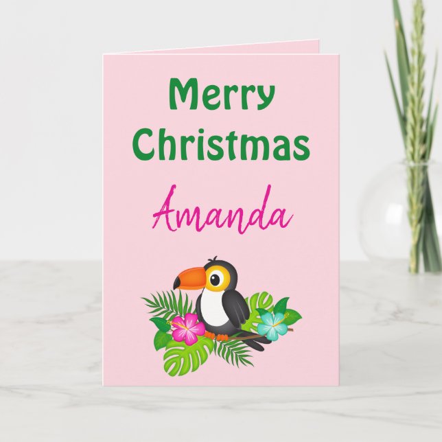 Tropical Pink Merry Christmas Toucan  Card (Front)