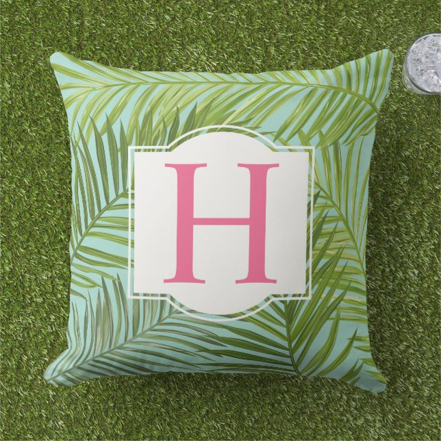 Tropical Pink Monogram Letter Palm Leaves Outdoor Pillow (Grass)