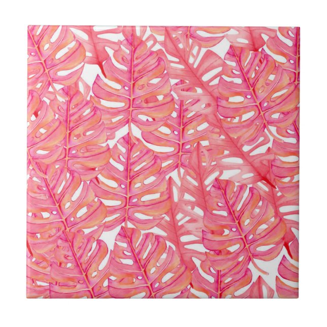 Tropical Pink Monstera Plant Leaves Tile (Front)