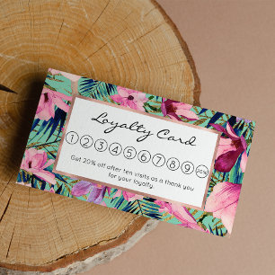Tropical pink navy blue aqua gold modern floral loyalty card