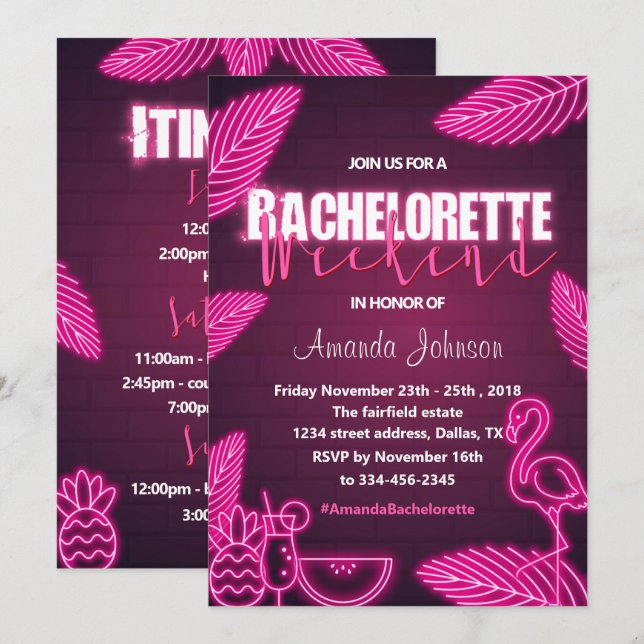 Tropical Pink Neon Bachelorette Weekend Invitation (Front/Back)