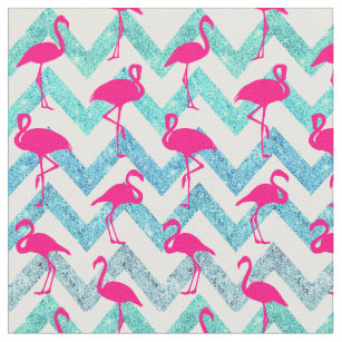 Tropical Pink Neon Flamingos Teal Glitter Chevron Fabric