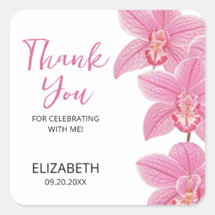 Tropical Pink Orchid Flower Birthday Thank You Square Sticker