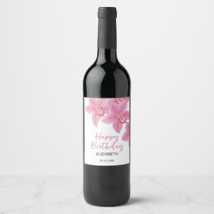 Tropical Pink Orchid Flower Happy Birthday Wine Label